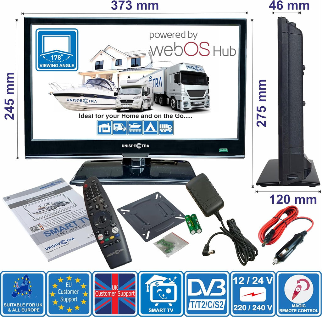 Unispectra ® 16" Smart TV (webOS) 12V Full HD LED 230v 24v Triple Tuner: Satellite, Terrestrial, cable. HDMI USB Telecomando magico TV 12V for camper, caravan, furgone, boat