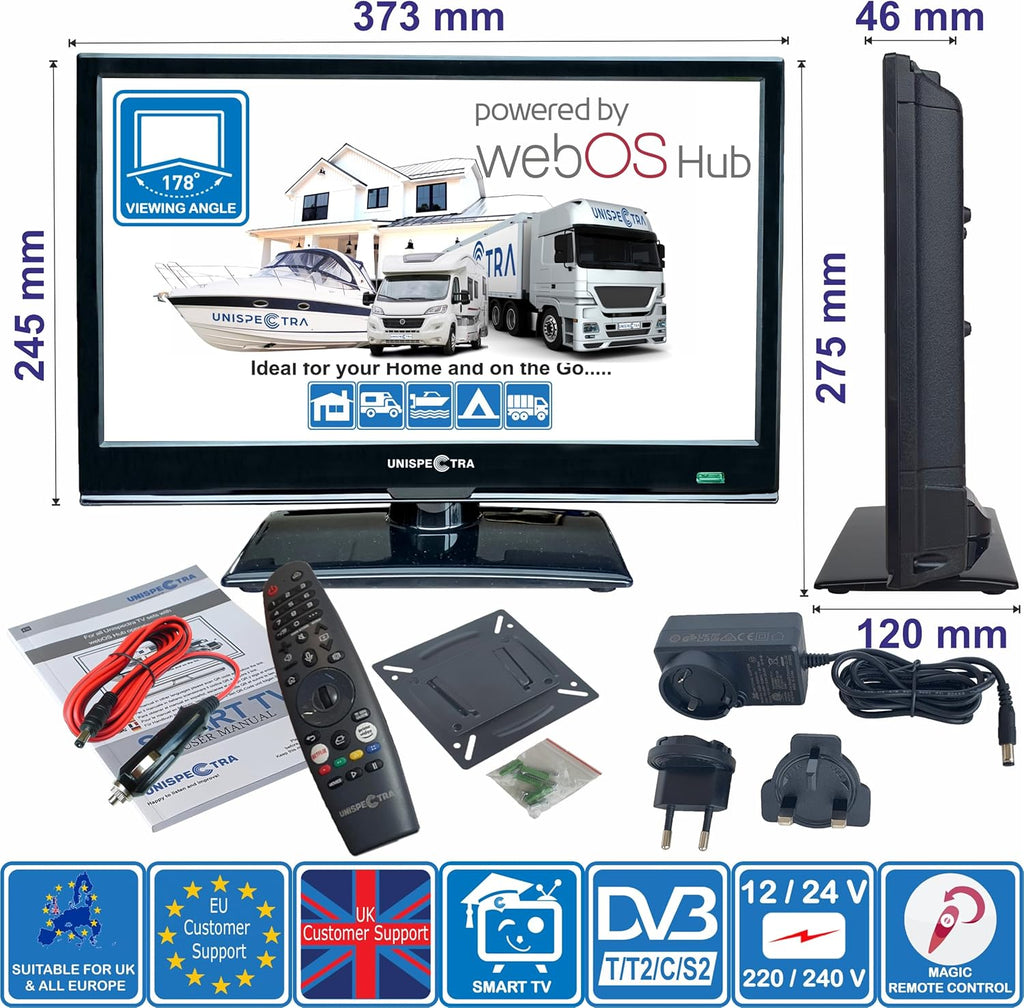Unispectra ® 16" Smart TV (webOS) 12V Full HD LED 230v 24v Triple Tuner: Satellite, Terrestrial, cable. HDMI USB Telecomando magico TV 12V for camper, caravan, furgone, boat